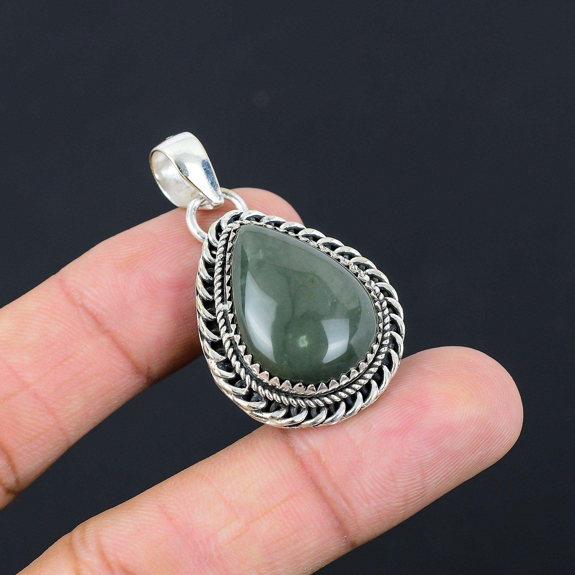 Easter Sale Sterling Silver Natural Rainforest Jasper Art Deco Pendant Jewelry