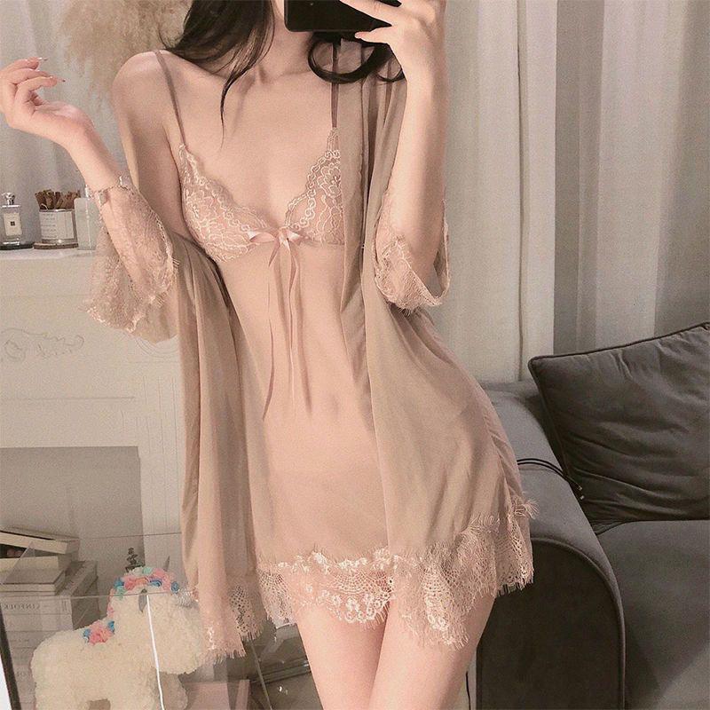 Women's Lace Mesh Pajama Set: Camisole, Nightgown & Outer Robe - Spring/Summer Collection