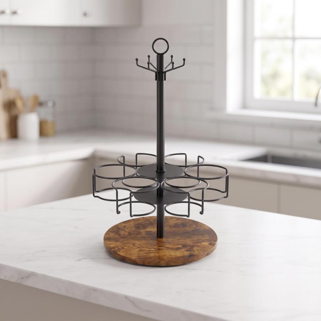 Cup Holder Rack with Wooden Base Modern Rotating Stand Turnable for Pantry