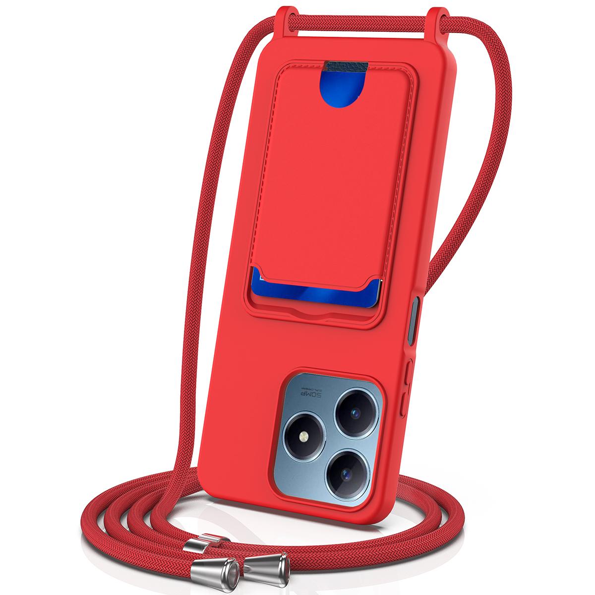 

For Realme Note 60x 4G/C63 4G/C61 4G/C61 (India) 4G/Narzo N63 4G/Note 60 Case Liquid Silicone Card Holder Back Cover with Lanyard Red