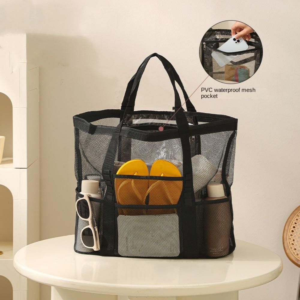 Nylon Hollow Out Handbag Zipper Swimming Tote Bag Soild Color Mesh Beach Bag  Travel