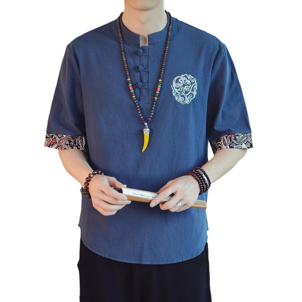 Men's Loose V-Neck Linen Tang Suit T-Shirt - Retro Chinese Style, Short-Sleeved, Cotton and Linen Blend, Fashionable for Larger Sizes