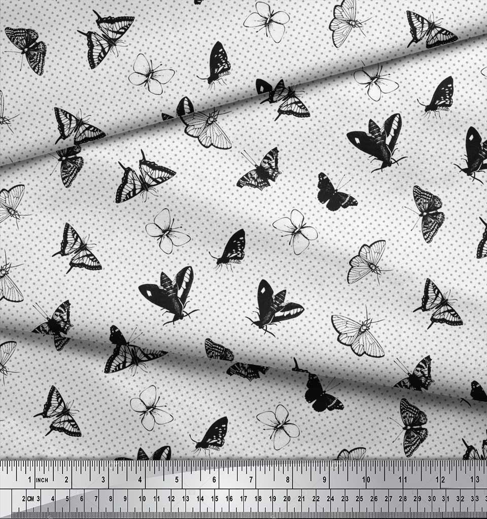 Soimoi Black Japan Crepe Satin Fabric Dot & Butterfly Print Fabric by Metre 42 Inch