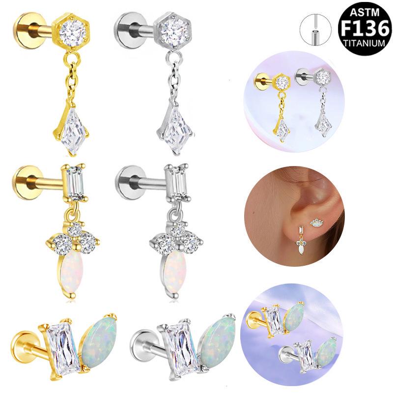 Titanium Zircon Opal Stud Earrings for Cartilage, Elegant European & American Style