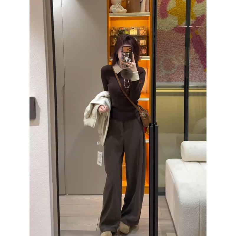 High-end Contrasting Color Collar Lapel Knitted Sweater Autumn and Winter Top Slim Shoulder Inner Long-sleeved Women's Soft Waxy Sweater