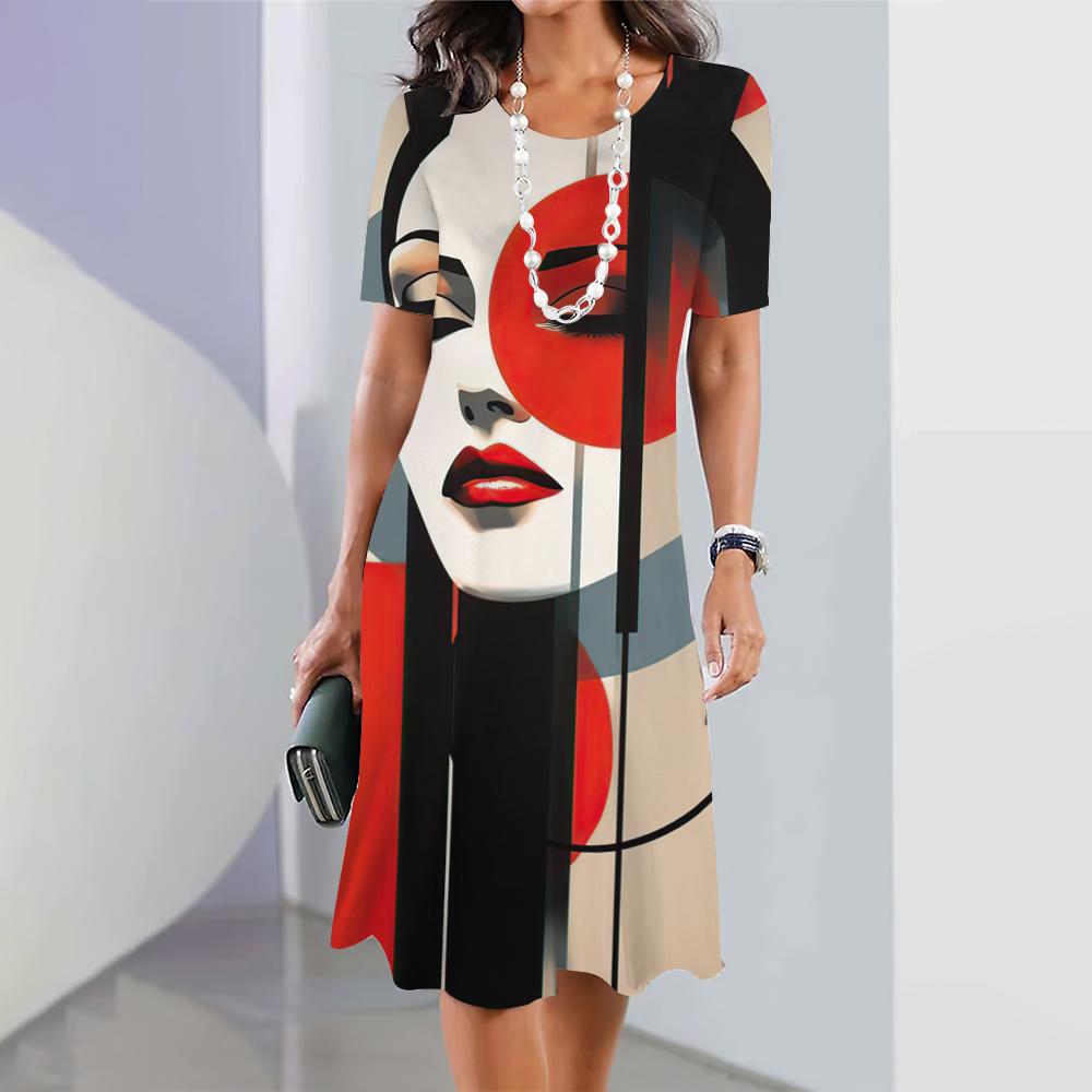 2024 New 3D Face Print Dresses For Women's Elegant Midi Dresses Summer Female Short Sleeve Dress Fashion Oversized Clothes