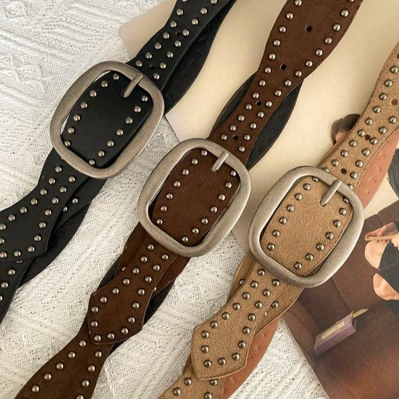 Women's Vintage Rivet Belt New Fashion Wide Waist Cummerbund Niche Design Leather Belt for Jeans Dresses Punk