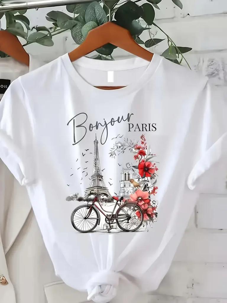 Fashion Bonjour Paris Text Print Short Sleeve Printed T Shirt  Casual Clothing Women's T-Shirt Graphic Clothing Top Tee