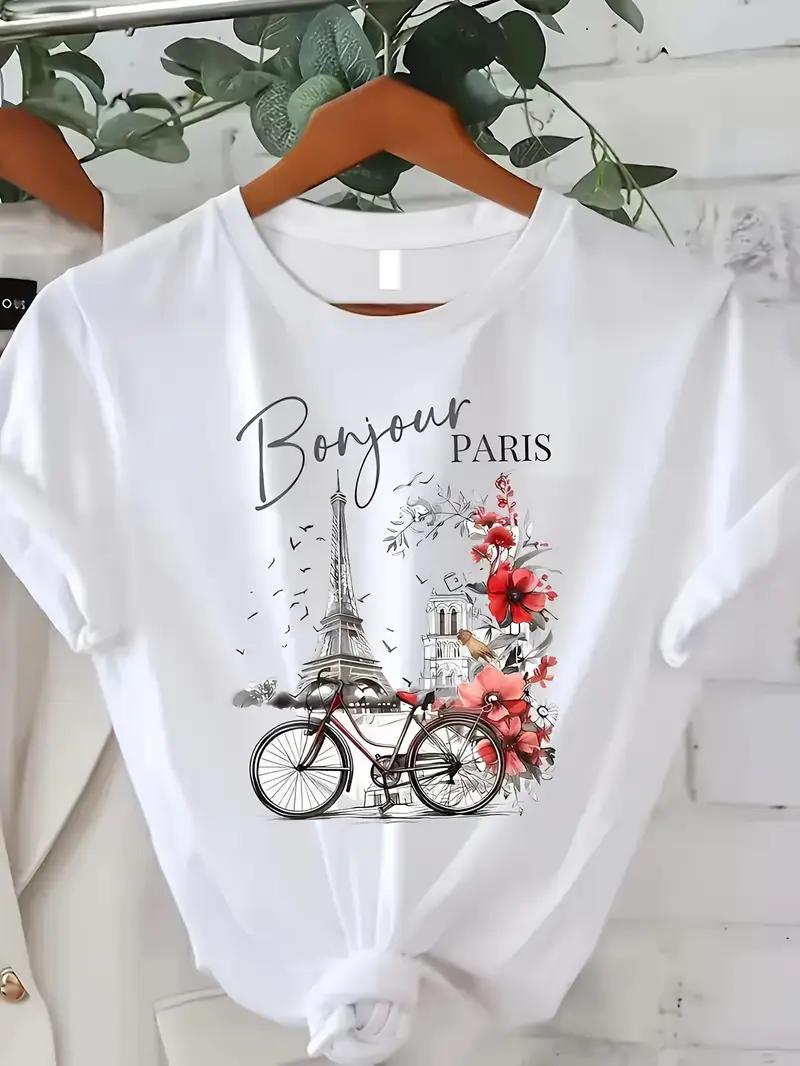 

Fashion Bonjour Paris Text Print Short Sleeve Printed T Shirt Casual Clothing Women s T-Shirt Graphic Clothing Top Tee 4XL