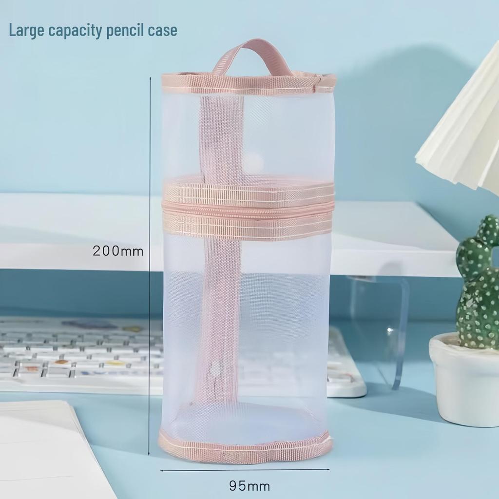 Transparent Two-Way Cylindrical Mesh Pen Holder & Pencil Case