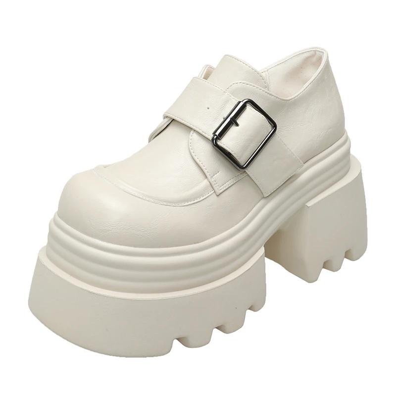 Fashion 10CM Heels Buckle Casual Leather Shoes New 2025 Spring Women Chunky Sneakers Comfortable Pumps High Platform Walking Shoes Woman