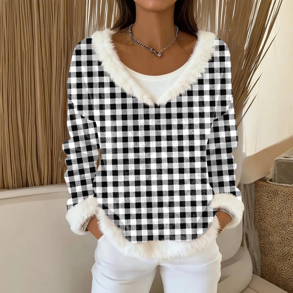 Dammode Plysch V-ringad Pullover Topp Långärmad T-shirt Tryckt Sweatshirt