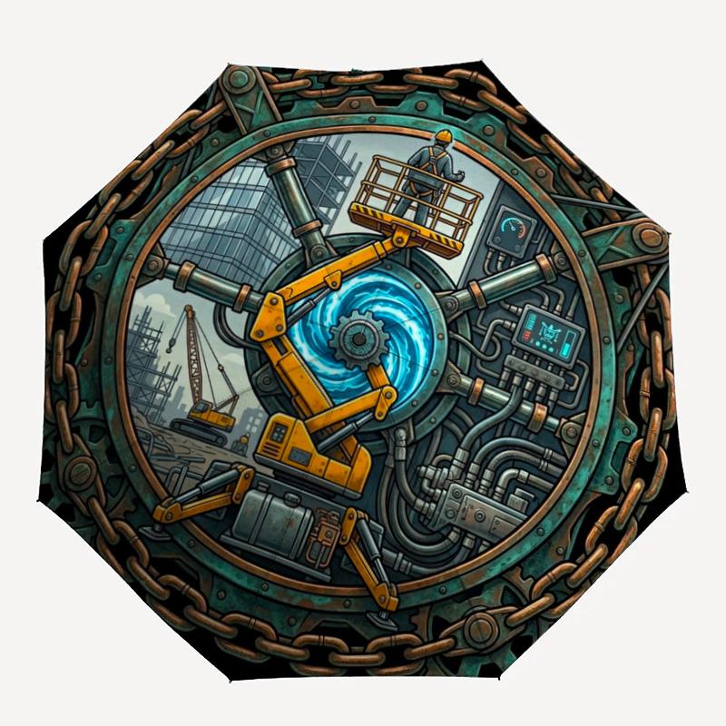 Industrial Gear Mechanism pattern umbrella, portable and foldable design, 8 ribs, a casual accessory for Halloween, Christmas, and birthday gifts.