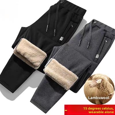 Men's Plus Size Loose-Fit Trousers with Fleece Lining Thickened Warm-Weather Casual Trousers Shearling-Lined Cuffed Sweatpants