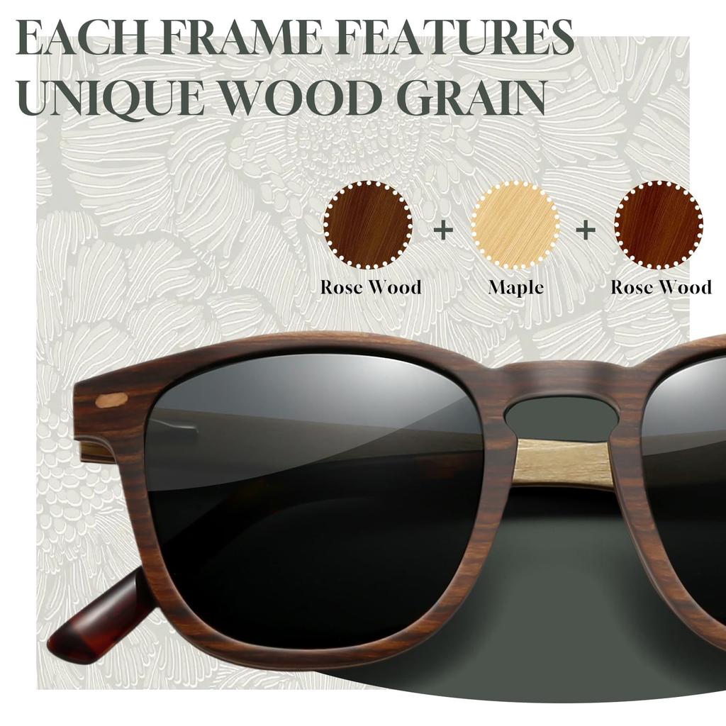 SUNGAIT Sunglasses Vintage Wood Square Polarized Case Rosewood Frame Gray Lens