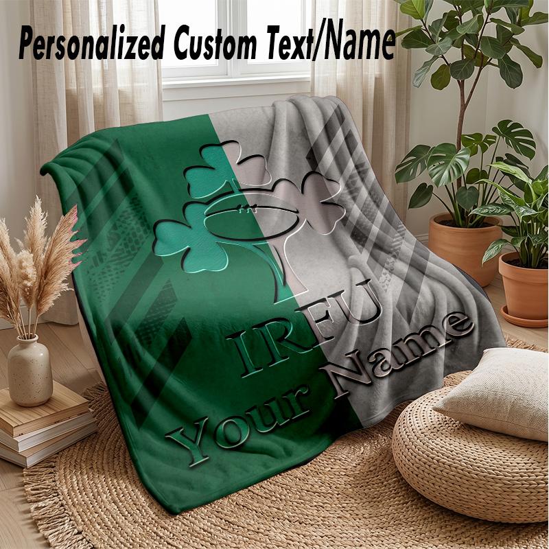 Ireland Rugby Custom Flannel Throw Blanket Print Your Name Text Soft Warm Blanket Holiday Present