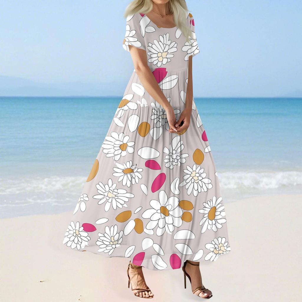 Women's Summer Casual Floral Print Short Sleeve O Neck High Waist A Line Tiered Flowy Boho Maxi Dress