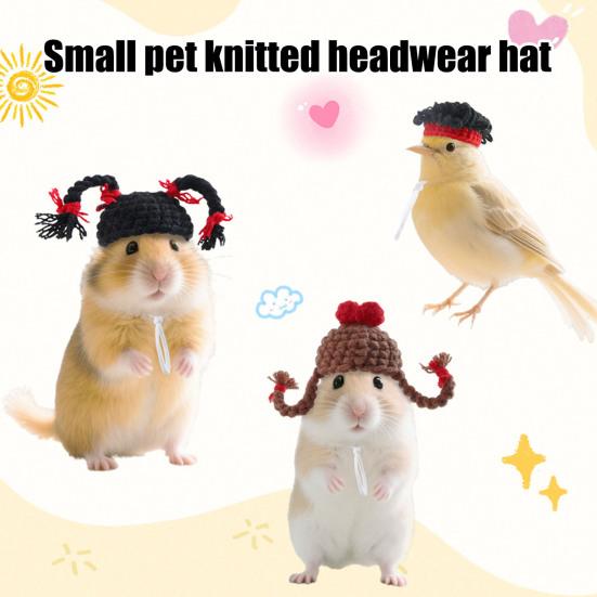Knitted Hamster Hat Pets Big Hair Double Braid Hat with Adjustable Strap Hairstyle Mini Hat for Guinea Pig Small Animals Photography Party Costume