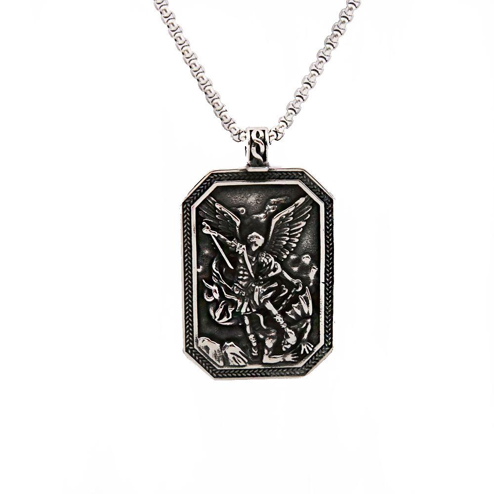 Vintage European and American Titanium Steel Necklace Jewelry Men's Stainless Steel Square Angel Guardian Old Pendant Sweater Chain