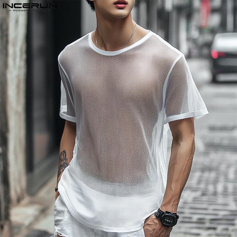 

INCERUN Summer Men Short Sleeve Mesh Sheer Hollow Out Club Party T-shirts M белый