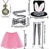 PESENAR White Rabbit Costume Accessory Set with Bunny Top Hat, Tutu Skirt, Checkered Socks and Pocket Watch Necklace