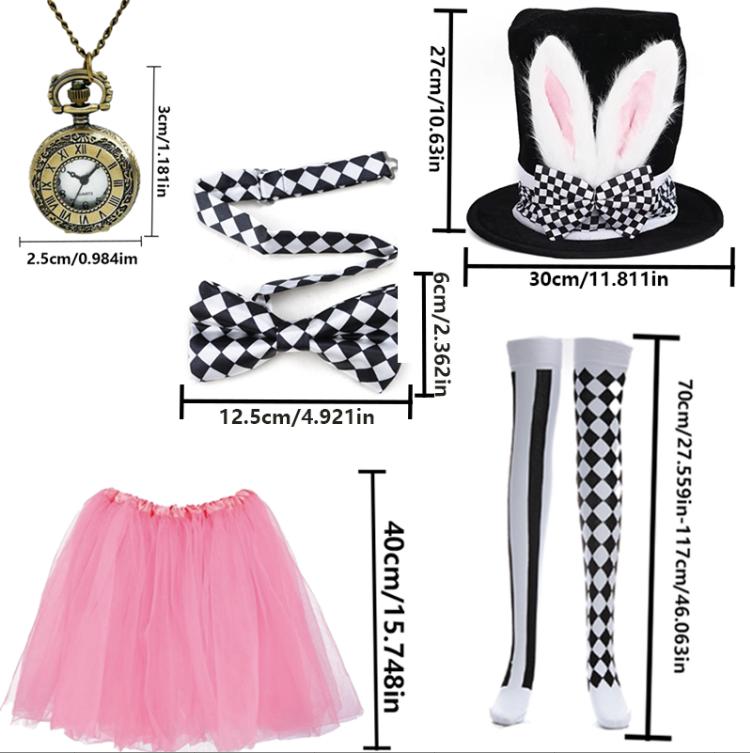 PESENAR White Rabbit Costume Accessory Set with Bunny Top Hat, Tutu Skirt, Checkered Socks and Pocket Watch Necklace