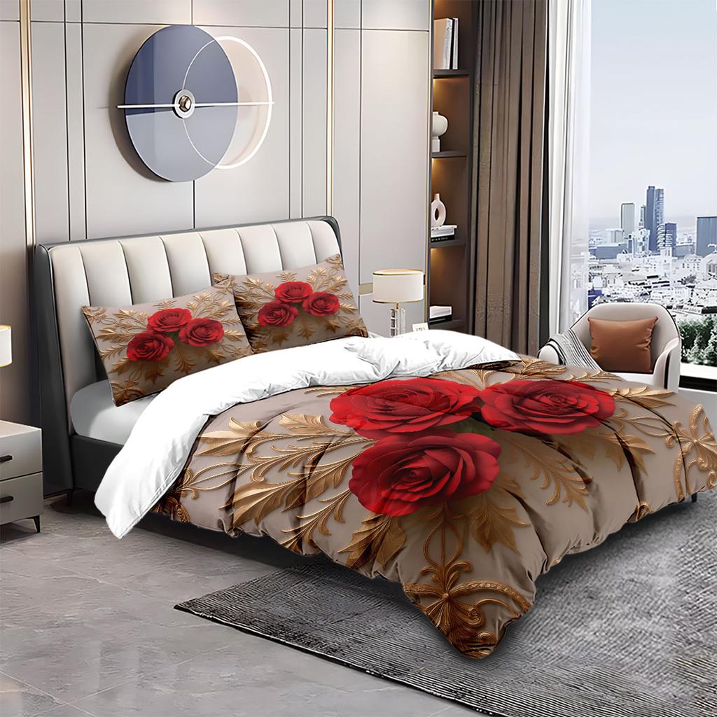 Bed Three-Piece Rose 3D Digital Printing Abrasive Pillowcase Quilt Cover Kit