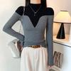 Women's Autumn/Winter Slim Fit Irregular Color Block Long Sleeve Threaded High Collar T-shirt