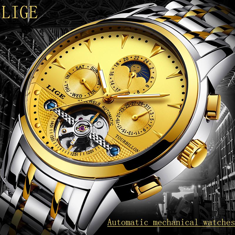 LIGE Men Leather Automatic Mechanical Tourbillon Watch Calendar Moon