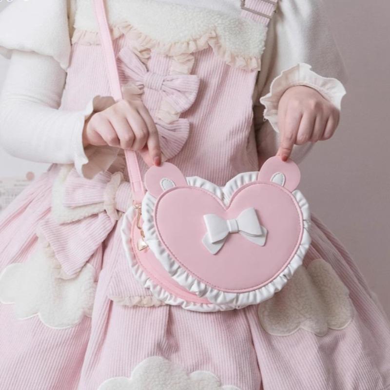 Contrast Heart Bow Bags for Woman Original Lolita Sac Femme Pearl Crossbady Bag Cute Bolso Teenage Girls Bolsos De Mujer