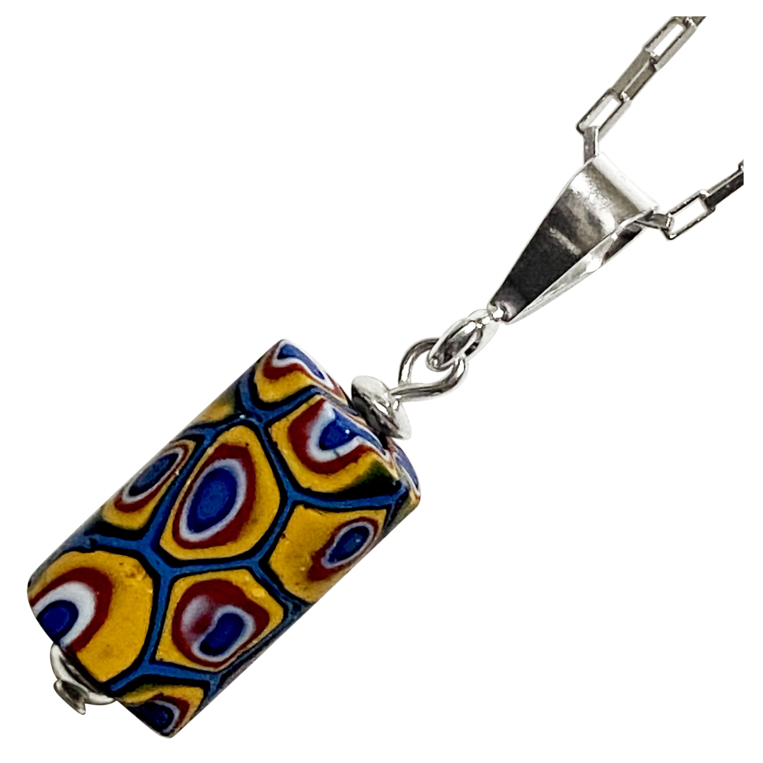 Venetian Lampwork Bead Antique Beads SILVER925 Pendant Necklace Millefiori Venetian Trade Beads European Handmade Bead Necklace Square Chain 45cm
