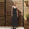2026 Retro Polka Dot V-neck Satin Camisole Dress - European & American Style, Slimming Midi A-line Skirt for Women