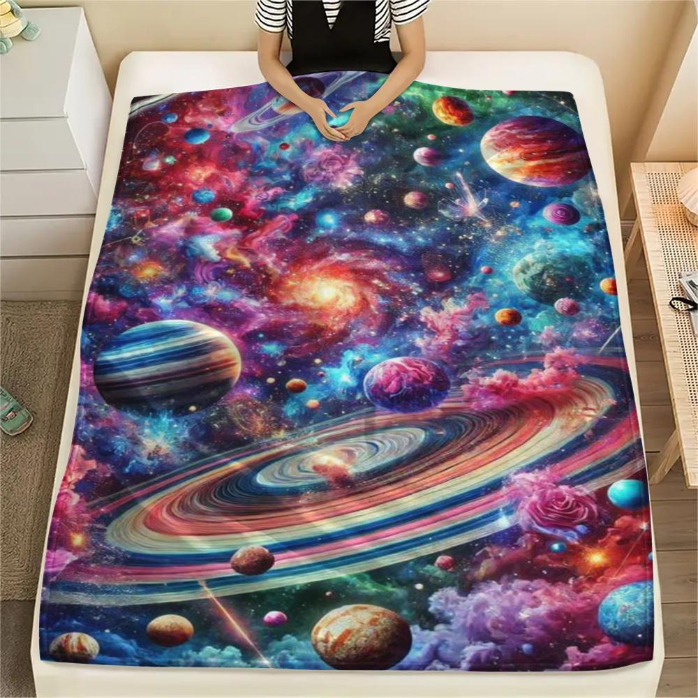 1Pc Space Rocket Print Flannel Blanket, High quality Comfortable for All Seasons, Home Decor, Warmth and Comfort, Perfect for Christmas Gifts