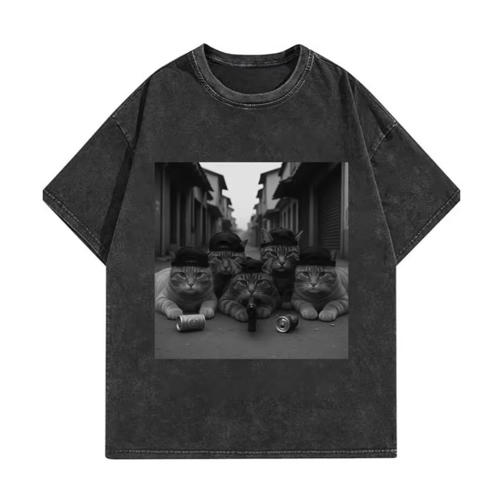 Lustige Katzenbande Meme Grafik T-Shirts Herren Damen Mode Vintage Gewaschene T-Shirts Sommer Hohe Qualität Baumwolle Übergroße T-Shirts