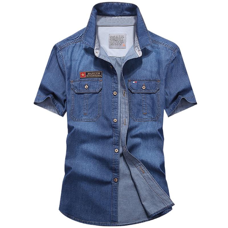 Men Multi pockets Blue Denim Shirts Summer Male Short Sleeve Tooling Shirts Men Cotton Casual Jeans Shirts 4XL