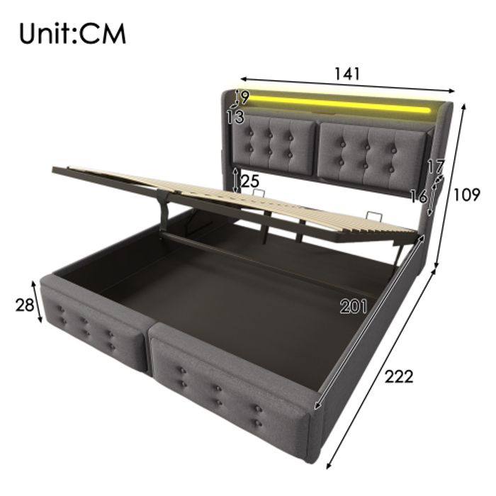 Lit double 140x200 - MUVOE - Tête de lit LED - Chargeur USB - Coton gris - Design contemporain