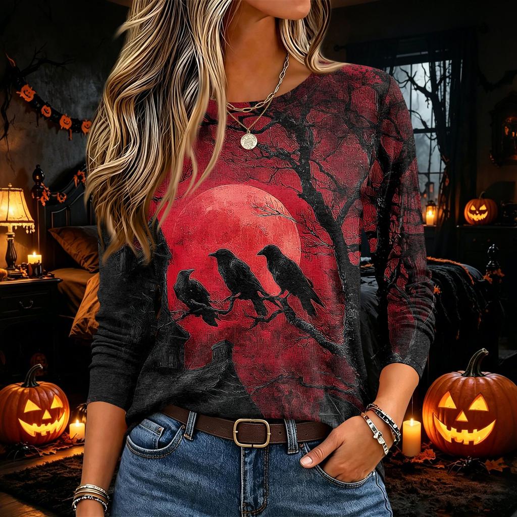 Women's Halloween Print Long Sleeve Neck Pullover T-Shirt for Fall