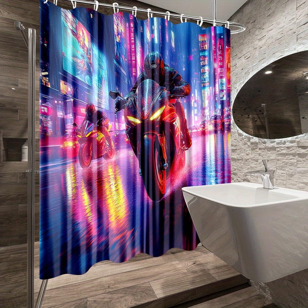 Neon Motorcycle Race Waterproof Mildew-Resistant Shower Curtain - Futuristic Design for an Exciting Bathroom Décor Experience
