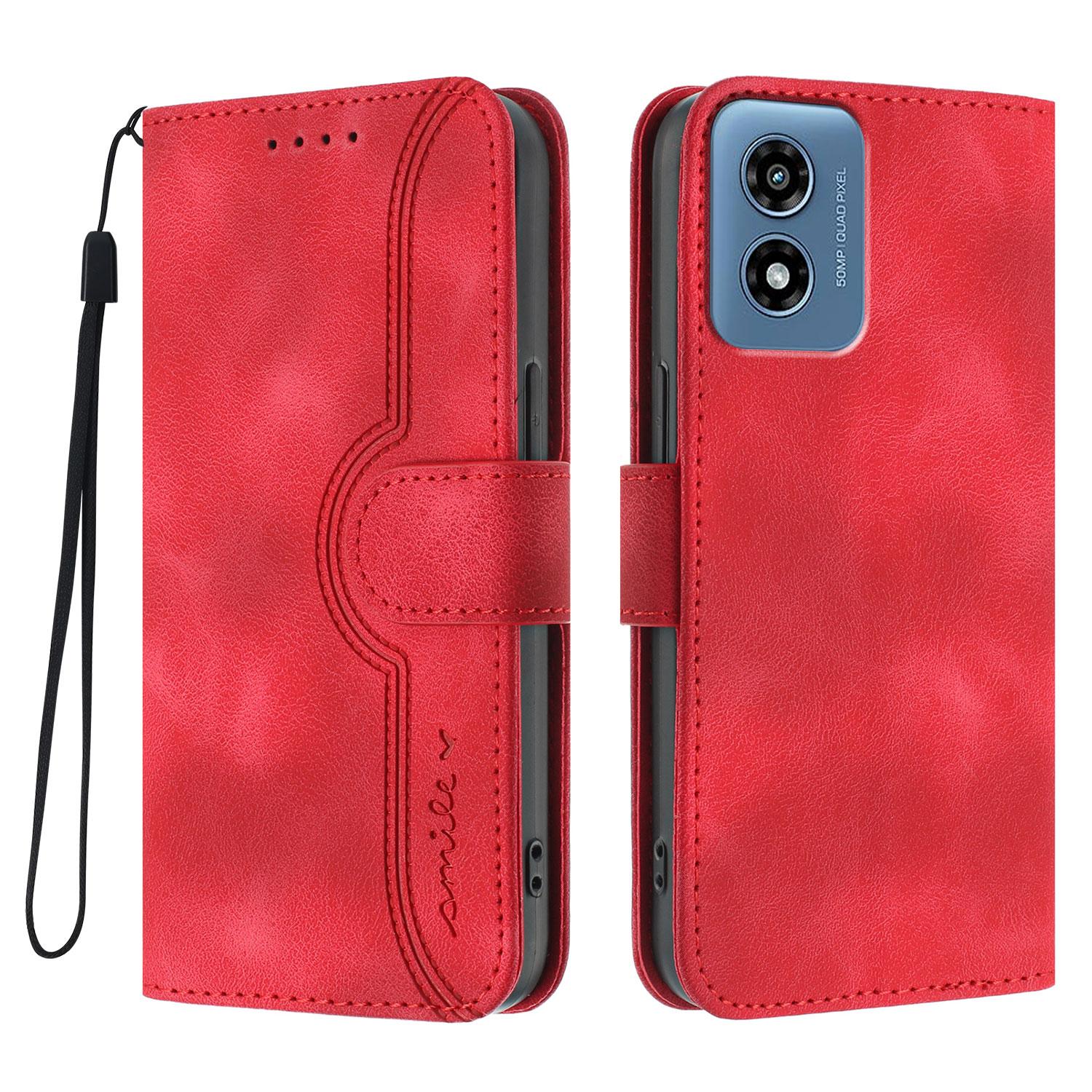 

Для Motorola Moto G Play (2024) 4G Шкіряний Чохол-Гаманець Підставка з Посмішкою, Надрукованою на Чохлі для Телефону зі Шнурком Red