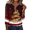 Women's Fashion Casual Christmas Print V-Neck Button Three-Quarter Sleeve T-Shirt Top