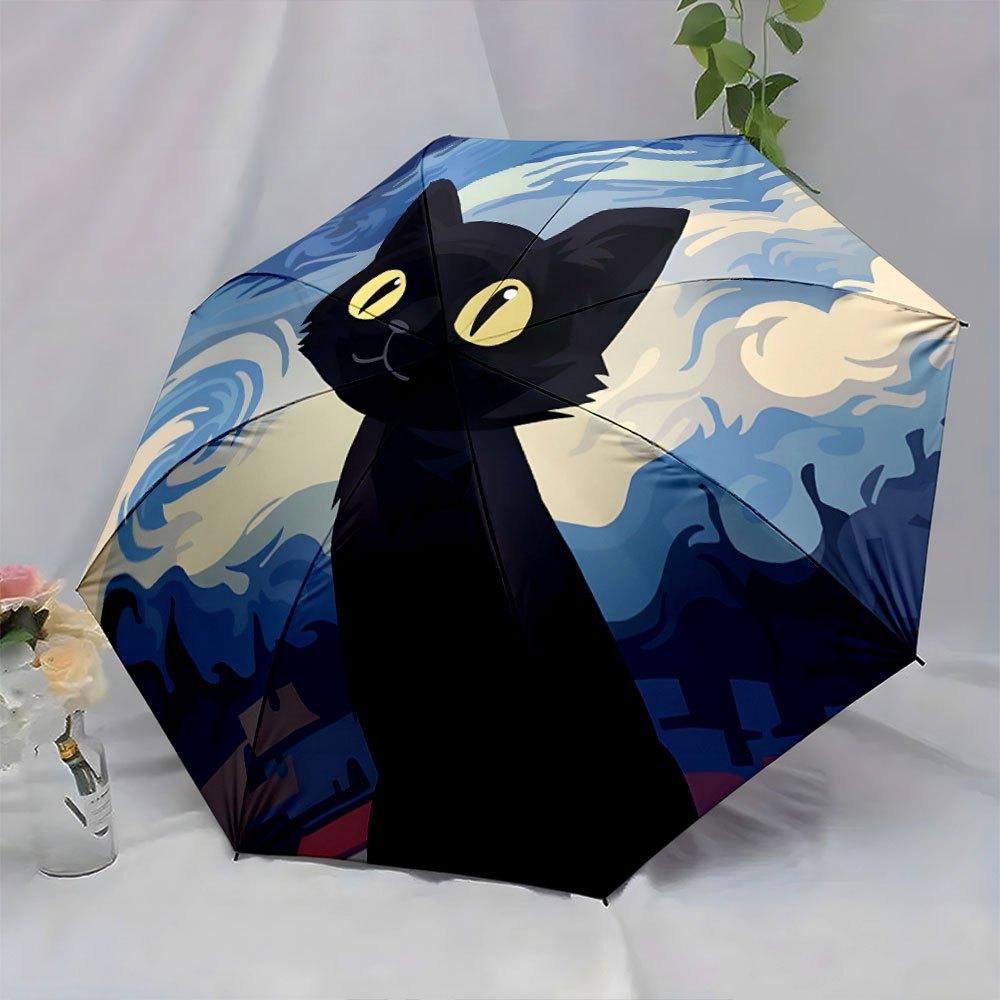 A Compact Folding Umbrella Featuring a Black Cat Against a Swirling Night Sky Reminiscent of Van Gogh. It S a Convenient Outdo