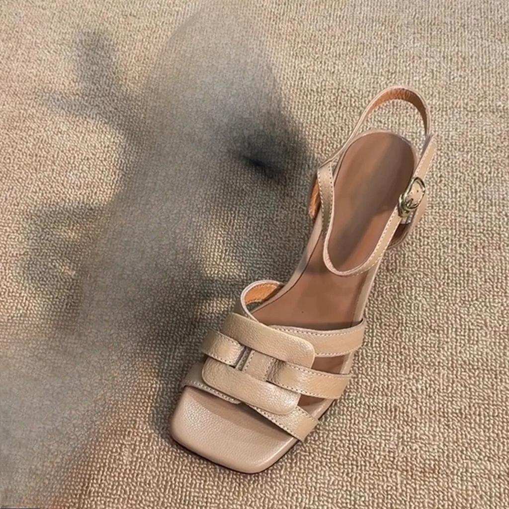 Fashion Summer 2025 New Toe Exposed Square Toe Thick-heeled Sandals for Women's Fashion, Wearing High-heeled Roman Shoes On Top