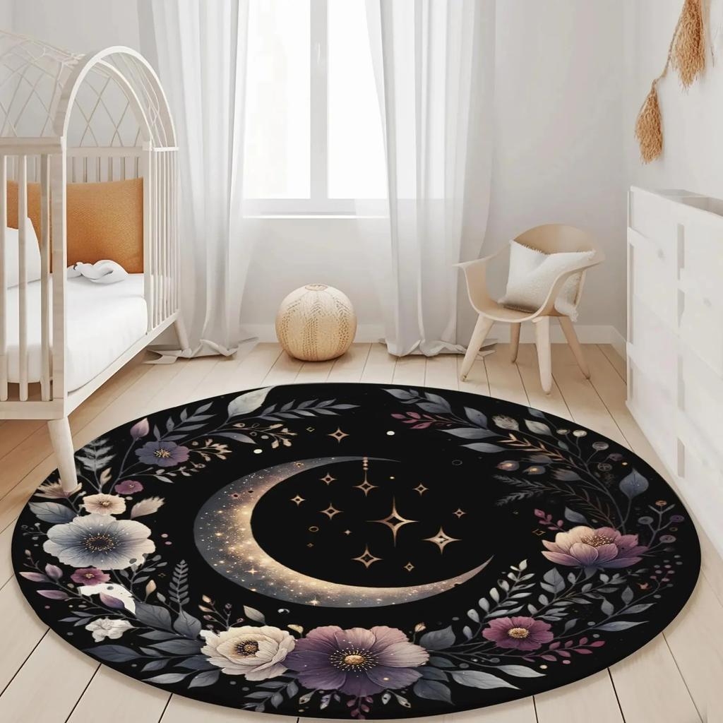 Mystischer Mond Floral Sternenrunder Bereichsteppich mit luxuriösem floralem Sterndesign Weich flauschig Große Größe Schlafzimmer Kinderzimmer