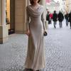 Damen Maxikleid mit langen Ärmeln und Schalkragen für formelle Abendbankette & Party-Garderobe