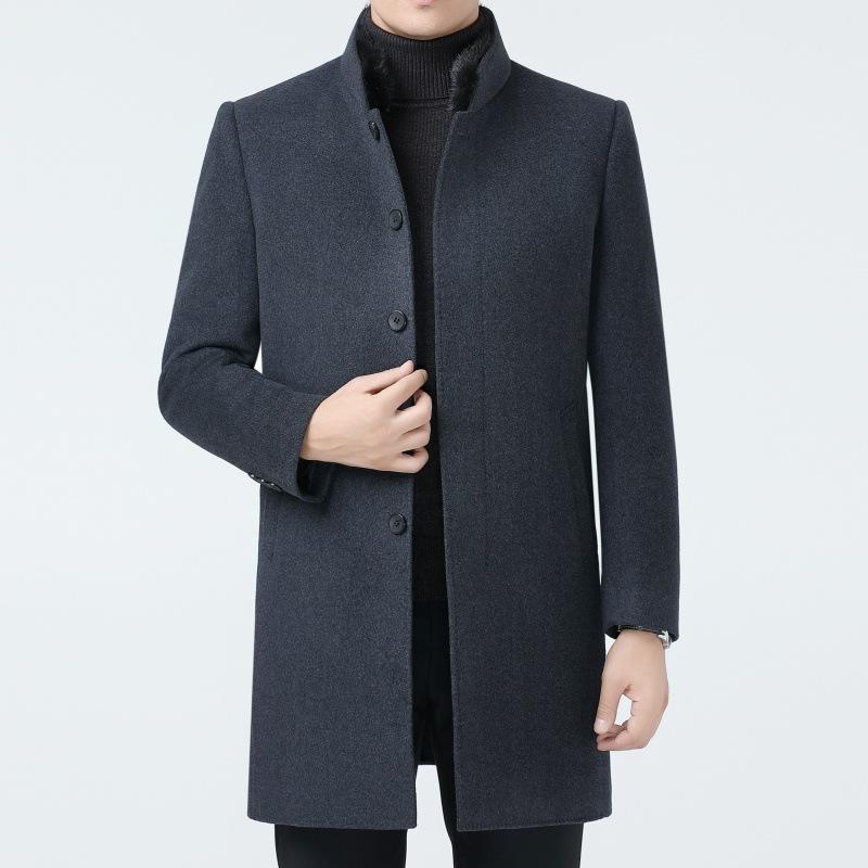 Long Wool Double-sided Woolen Coat for Middle-aged Men with Stand-up Collar and Removable Down Liner for Dad, Large Size Woolen Coat