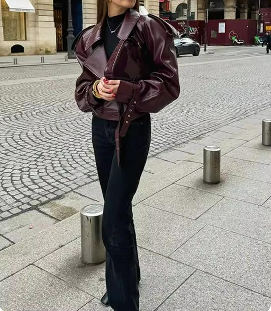 Jachetă 2024 din piele ecologică, cu rever larg, mâneci lungi, stil stradal