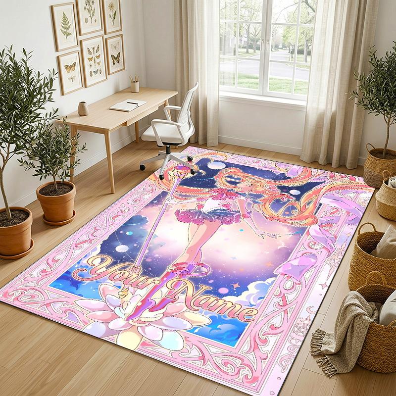 Personalized Crystal Velvet Carpet,Sailor Moon Custom Printed Name, Plush Area Rug For Home Indoor Decor