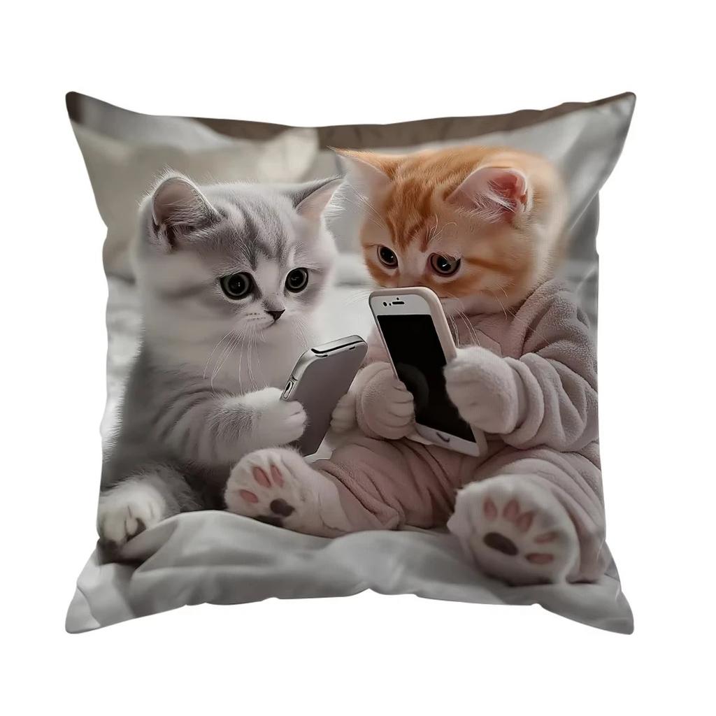 Home Decor Cute Kittens With Smartphones Printed Pillowcase Pattern Cushion Cover Suitable For Sofa Bedroom Car Pillow Cover