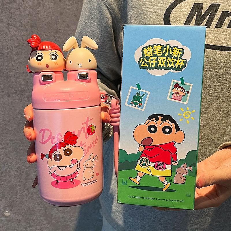 Crayon Small New Water Cup Mug New Womens Fashionable Thermos Flask Cup Students Go To School Water Bottle Male Straw Mug Double Drink