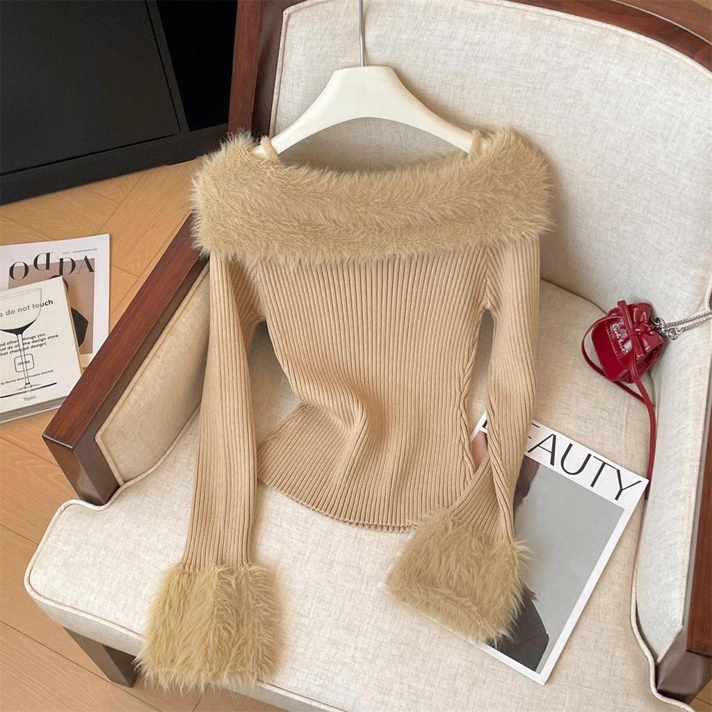 Chic French One-Shoulder Flare Sleeve Sweater Camisole for Women - Slim Fit Fuzzy Autumn/Winter Base Layer.